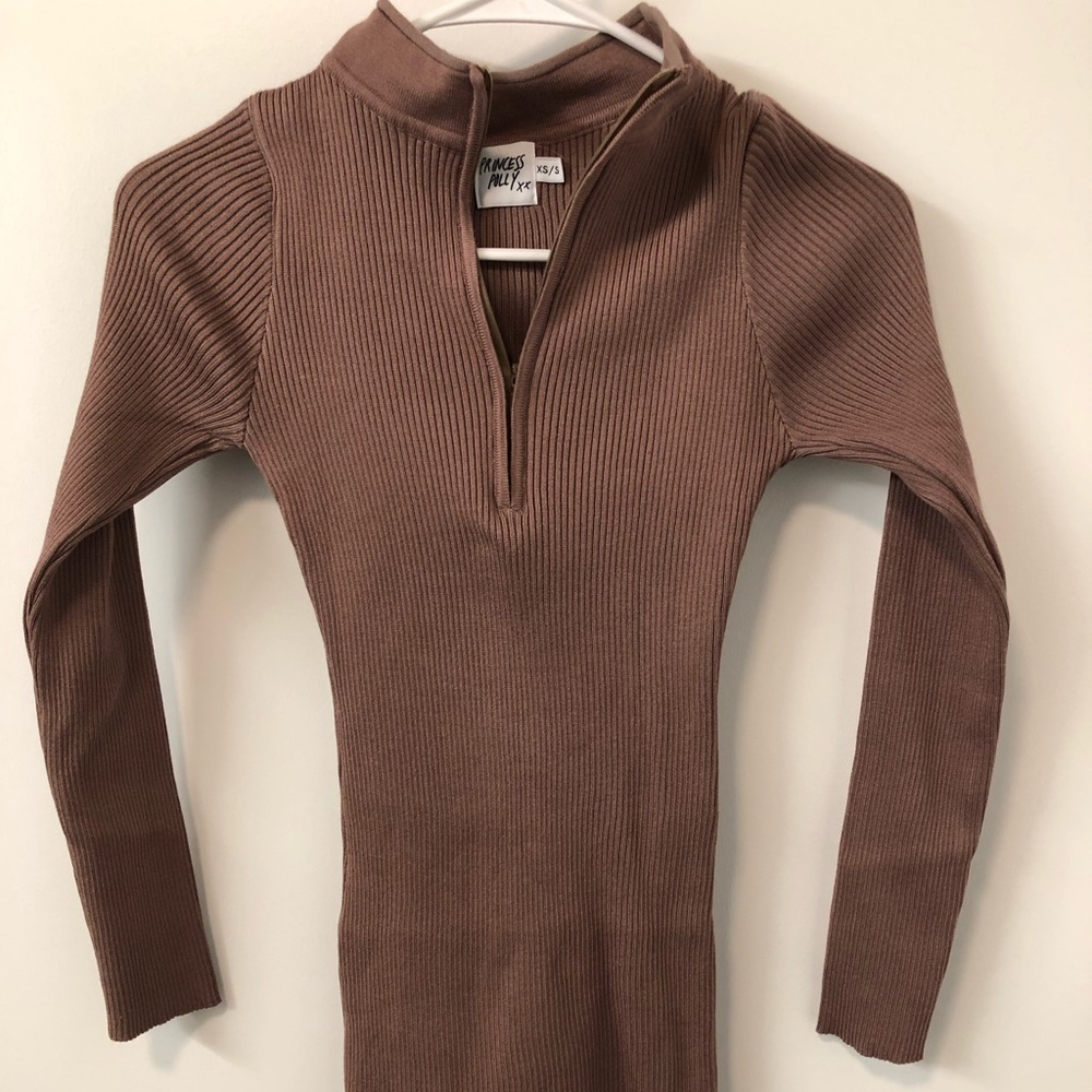 Princess Polly light brown mini dress with quarter zip, XS/S